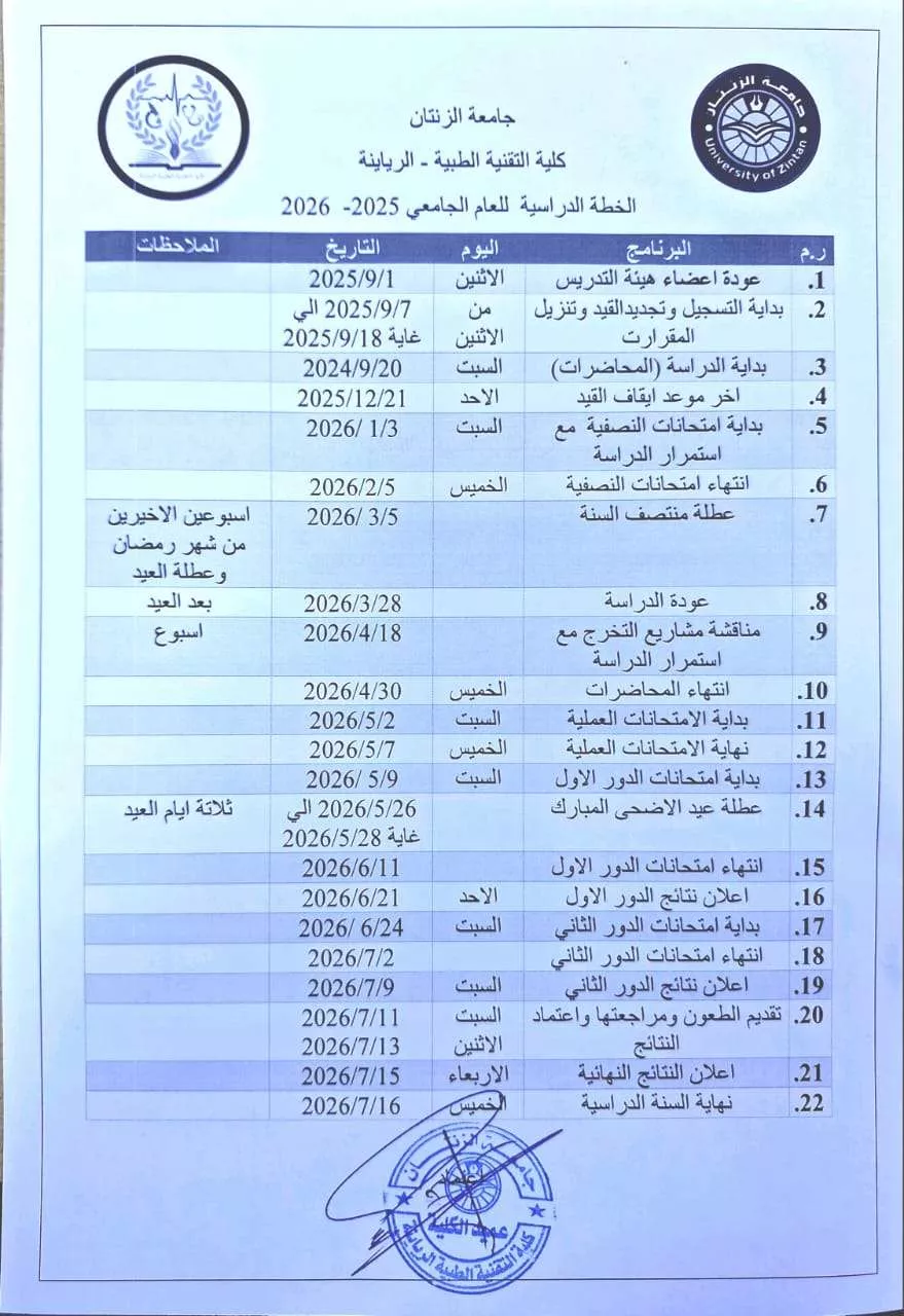 الخطة الدراسية الخاصة بالعام الجامعي 2025-2026