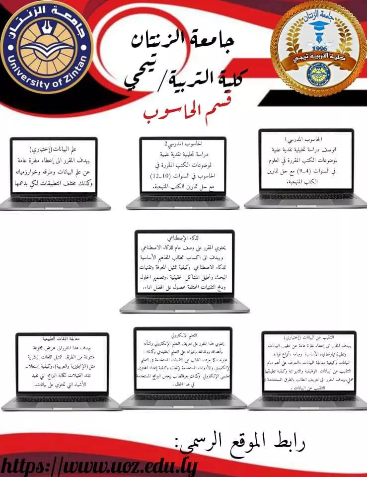 بعض البوسترات التعريفية لمقررات قسم الحاسوب وبموقع الجامعة والرقم الاكاديمي