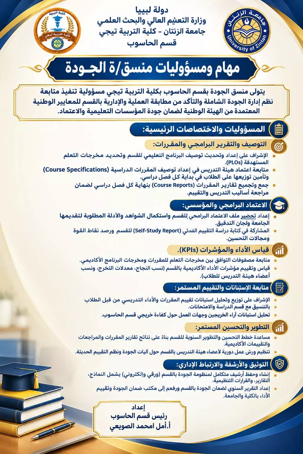 مهام ومسؤوليات منسقة الجودة بقسم الحاسوب – كلية التربية تيجي