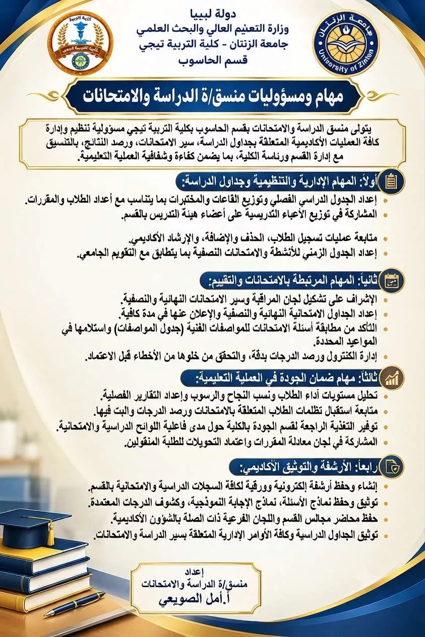 مهام ومسؤوليات منسق/ة الدراسة والإمتحانات ـ قسم الحاسوب  كلية التربية تيجي