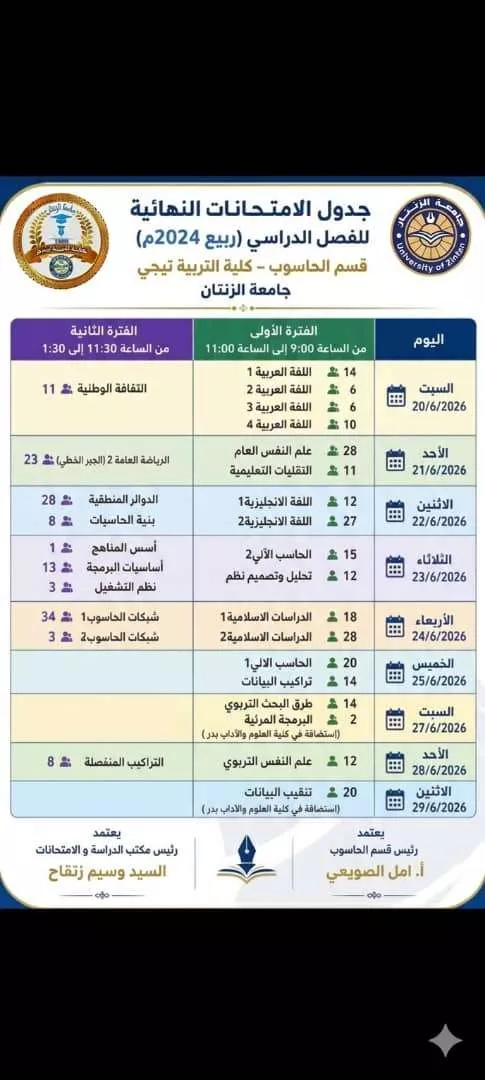 جدول الامتحان النهائي للفصل الدراسي ربيع2026_ قسم الحاسوب