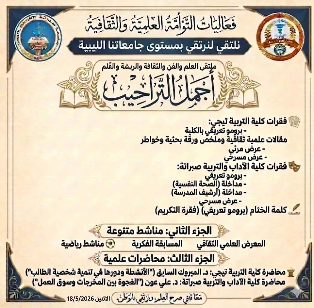 فعاليات التوأمة العلمية الثقافية في. دورتها السابعة بين كليتي التربية تيجي وكلية الآداب والتربية صبراتة